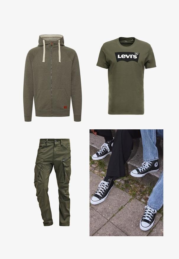 Olivengrøn zip-up hættetrøje lavet af blødt stof, med foret hætte, beige snore, lommer og et lille mærke i læder med branding.; Oliven grøn bomulds t-shirt med et stort sort Levi's logo på forsiden. Klassisk rund hals og korte ærmer, glat tekstur.; Olivenfarvede cargo-bukser lavet af slidstærk bomuld. Har flere lommer, en lynlåslomme på siden og tapered ben med en let tekstureret overflade.; Sorte høje canvas sneakers med hvide gummisåler og snørebånd, prydet med et cirkulært logo på siden og parret med denim og sorte bukser.