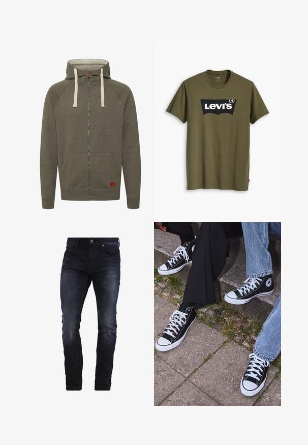 Olivengrøn zip-up hættetrøje lavet af blødt stof, med foret hætte, beige snore, lommer og et lille mærke i læder med branding.; Olivengrøn bomuld T-shirt med stort sort Levi's-logo i en kontrasterende, halvcirkelformet bue hen over brystet. Almindelig pasform.; Mørkeblå slim-fit jeans med let slid på lårene og knæene, med forlommer, bæltestropper og knaplukning.; Sorte høje canvas sneakers med hvide gummisåler og snørebånd, prydet med et cirkulært logo på siden og parret med denim og sorte bukser.