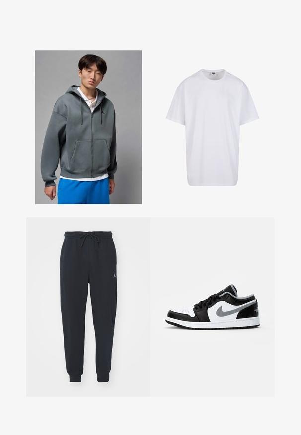 Sudadera gris con cremallera y bolsillo frontal, con capucha ajustable y logotipo negro. Lleva puesta sobre una polo blanca y combinada con pantalones cortos azules.; Camiseta blanca de algodón con mangas cortas, cuello redondo, corte relajado y sin logotipos ni patrones visibles. Textura suave y diseño minimalista.; Pantalones de chándal negros hechos de tela suave, con una cinturilla elástica con cordón, puños acanalados y un pequeño logo en el muslo izquierdo.; Jordan AIR JORDAN 1 LOW - Zapatillas - black/particle grey-white