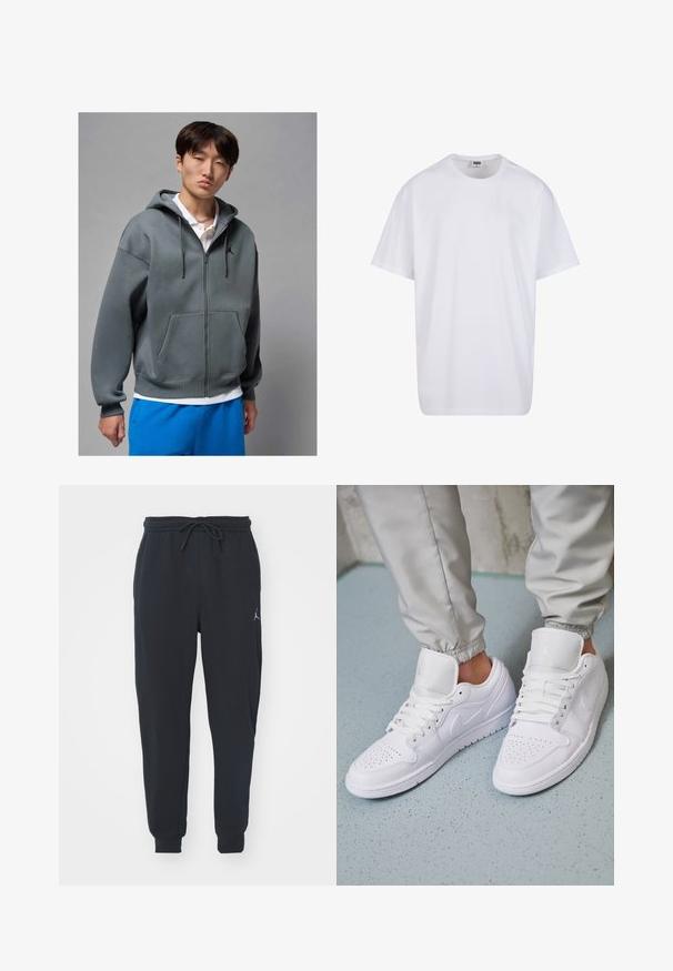 Siva zip-up kapuca s sprednjim žepom, z vrvico na kapuci in črnim logotipom. Obuta čez belo polo majico in v kompletu s modrimi kratkimi hlačami.; Bela bombažna majica s kratkimi rokavi, okroglim izrezom, sproščenim krojem in brez vidnih logotipov ali vzorcev. Gladka tekstura in minimalen dizajn.; Črne trenirke iz mehkega materiala, z elastičnim pasom in vrvico, naborki na robovih in manjšim logotipom na levi stegn.; Bele usnjene superge imajo perforirano konico, ravne vezalke, oblazinjen ovratnik in znak Jordan na jeziku. Uporabljene so s sivo trenirko.