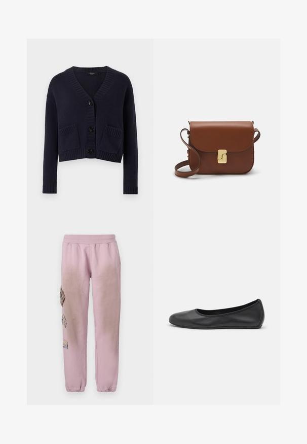 Weekend Max Mara ARAD - Vest - blu; Witte korte mouwen t-shirt van ribstof. Ronde halslijn, normale pasvorm en subtiele stiksels. Geen patronen of grafische elementen.; Roze sweatpants met een elastische tailleband, voorzien van decoratieve patches in ruitvorm aan de linkerkant en elastische boorden bij de enkel.; Zwarte leren ballerina met een ronde neus, gladde textuur, minimale stikdetails en een flexibele zoolontwerp.; Bruine leren handtas met een klep sluiting, gouden hardware, een schouderband en een gladde textuur. Compact rechthoekige vorm.