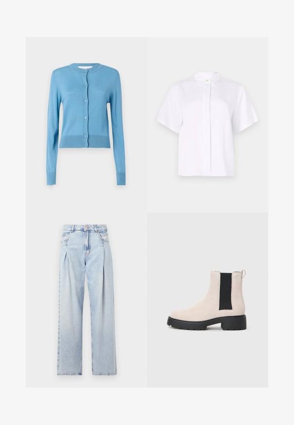 A világoskék kardigán kerek nyakkal, hosszú ujjakkal és gombos elülső részel rendelkezik. Puha anyagból készült, bordázott díszítéssel az alján.; Rövid ujjú, sima anyagból készült fehér ing, hegyes gallérral és zöld díszgombbal ellátott gombolással.; Világoskék farmernadrág magas derekú, bő szabású, két oldalsó zsebbel és pliszírozott dizájnnal. Puha tapintású, elhalványított felület.; Beige velúr Chelsea csizma fekete elasztikus oldalsó panellel, tömzsi fekete talppal és fülekkel a bokánál.