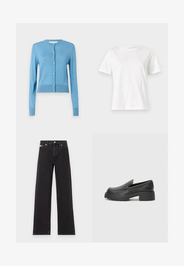 Cardigã azul claro apresenta um decote redondo, mangas longas e fecho com botões. Feito de um material suave com detalhes canelados na bainha.; T-shirt de algodão branco com mangas curtas, decote redondo e um corte descontraído. Textura suave, sem padrões ou detalhes, design minimalista.; Jeans de perna larga pretos feitos de denim, apresentando uma cintura alta, estilo de cinco bolsos e um fecho em botão de metal com costura contrastante.; Mocassins de couro preto com bico arredondado, sola espessa e texturizada, e detalhes de costura minimalistas. Design elegante sem atacadores ou ferragens visíveis.