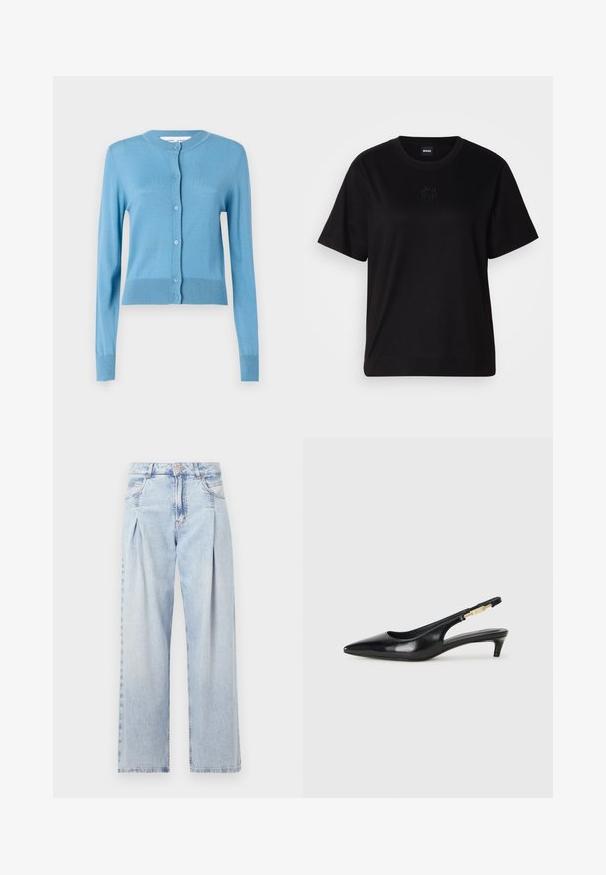 Gaiši zils kardigans ar apaļu kakla izgriezumu, garām piedurknēm un pogu aizdari. Izgatavots no mīksta materiāla ar ribotām detaļām apakšmalā.; Melna kokvilnas T-krekls ar apaļu izgriezumu, īsām piedurknēm un izšūtu logotipu uz krūtīm. Vienkāršs, brīvs piegriezums bez rakstiem.; Gaiši zilas džinsu bikses ar augstu jostasvietu, plats kāju griezumu, divām sānu kabatām un krokotā dizaina akcentiem. Mīksta tekstūra ar izdilušu apdari.; Melnas ādas slingback zābaki ar smailu purngalu, ar šauru papēdi un zelta krāsas akcentu uz regulējama siksniņas. Gluda tekstūra.