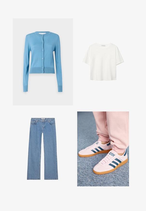 Svetlomodrý kardigán má okrúhly výstrih, dlhé rukávy a zapínanie na gombíky. Je vyrobený z mäkkého materiálu s ryhovanými akcentmi na leme.; Biela krátkopsová tričko vyrobené z bavlny. Má okrúhly výstrih a voľný strih. Hladká textúra bez viditeľných vzorov alebo akcentov.; Svetlomodré riflové nohavice s širokými nohavicami, vyrobené z denimu, s piatimi vreckami, zapínaním na gombík a šitím pozdĺž švov a lemov.; Svetloružové semišové tenisky s tmavomodrými koženými pruhmi a gumenou podrážkou. K dispozícii sú ploché šnúrky a značka na boku a jazyku.