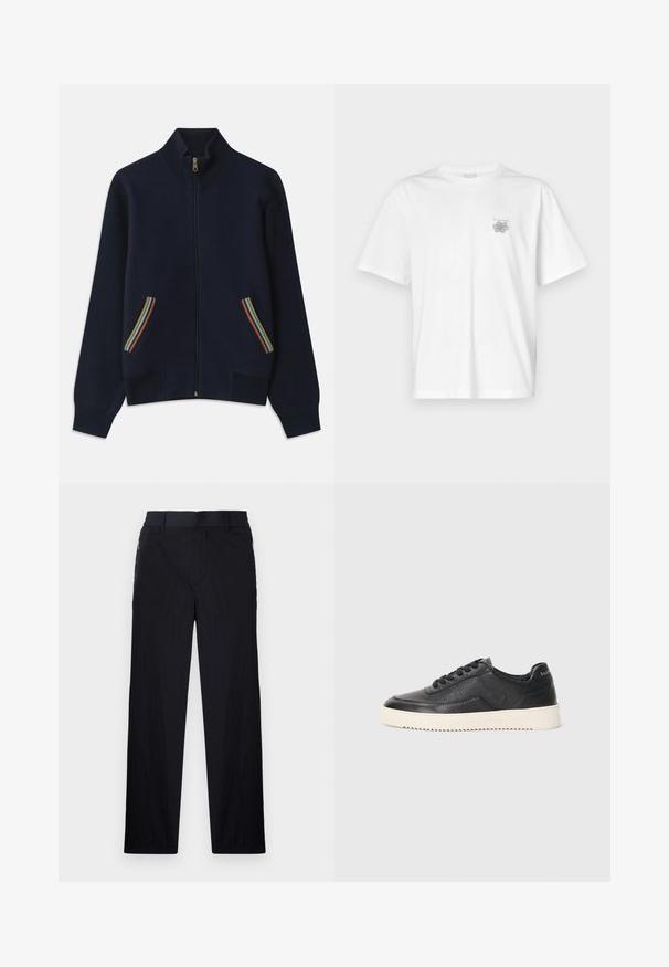 Sweater azul-marinho com fecho zip e gola alta, featuring duas bolsos decorados com riscas arco-íris e um fecho dourado. Textura suave, corte descontraído.; Camisa branca de algodão com mangas curtas, gola redonda e um pequeno logótipo cinza na área do peito esquerdo. Textura suave.; Calças pretas com um tecido leve e texturizado, design de pernas retas, cintura elástica e bolsos laterais com fecho.; Sapatilha em couro preto com acabamento texturizado, biqueira redonda e sola plana de borracha branca. Apresenta atacadores pretos e uma marca na parte de trás.