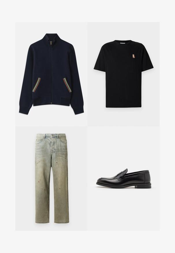 Navy zip-up sweater with a high collar, featuring two pockets adorned with rainbow stripes and a golden zipper. Soft texture, relaxed fit.; Black short-sleeve crew neck t-shirt with small embroidered orange fox logo on left chest.; Distressed denim jeans in light green, featuring a straight leg, five-pocket design, and uneven fading with paint splatters.; Black leather loafers with a smooth texture, rounded toe, and a decorative strap across the vamp. Low stacked heel, minimalist design.