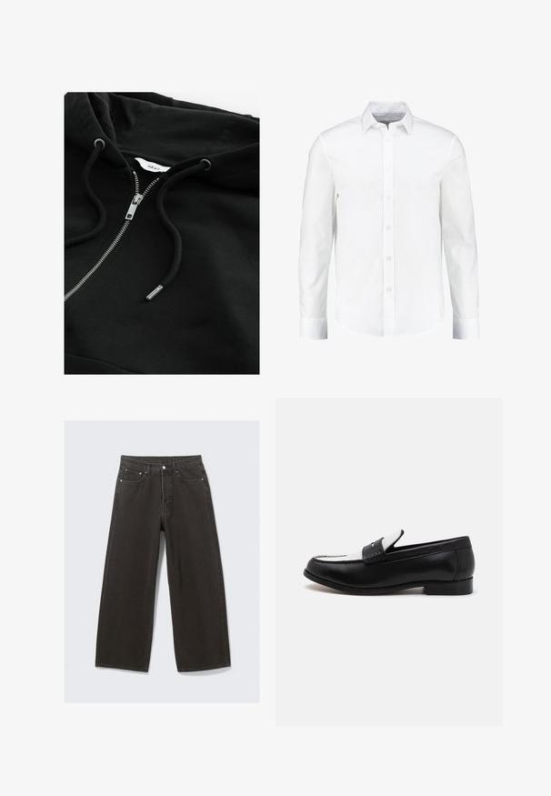 Sudadera negra con cremallera, capucha con cordón, cremallera metálica y tejido texturizado. Presenta una pequeña etiqueta de la marca dentro del cuello.; Camisa blanca de manga larga con botones, confeccionada en algodón suave. Presenta un cuello clásico y una parte delantera con botones, con un dobladillo recto.; Los vaqueros de mezclilla negros de pierna ancha cuentan con una cintura alta, diseño de cinco bolsillos y un cierre de botones. La tela tiene un acabado suave y texturizado.; Mocasín de cuero negro con un panel y costuras de cuero blanco en contraste. Presenta un acabado suave y un diseño de tacón bajo.