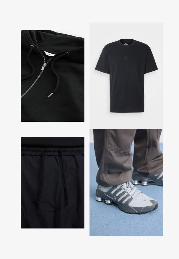 Juodas zip-up kapisonas su raišteliu, metaliniu užtrauktuku ir tekstūruotu audiniu. Viduje apykaklės yra nedidelis prekės ženklo etiketė.; Juodas medvilninis Nike marškinėliai su klasikinėmis apykaklėmis, trumpomis rankovėmis ir subtiliu, įspaustu logotipu ant krūtinės. Sklandus tekstūra.; Juodos šortai su raišteliu juosmens srityje, lengva medžiaga su lygiu paviršiumi ir paprastas dizainas be matomų logotipų ar raštų.; Pilki ir sidabriniai Nike Shox sportiniai bateliai pasižymi elegantišku dizainu, pagaminti iš tinklinės ir sintetinės medžiagos, turi apvalų pirštą ir paminkštintą apykaklę.