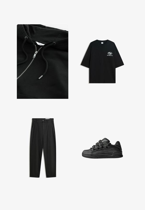 Sort zip-up hoodie med snortræk i hætten, metallisk lynlås og struktureret stof. Har et lille brandetiket inde i halsudskæringen.; Sort oversized bomulds t-shirt med rund halsudskæring og korte ærmer, med et hvidt "Shibuya" logo trykt på forsiden.; Sorte bomuldsbukser med en afslappet pasform, der har en klassisk talje, frontfolder og sidelommer. Glat tekstur uden mønstre.; Sorte sneakers med en glat læderoverdel, teksturerede accenter og runde sorte og hvide snørebånd. Tyk gummisål med et mønstret slidbanemønster.