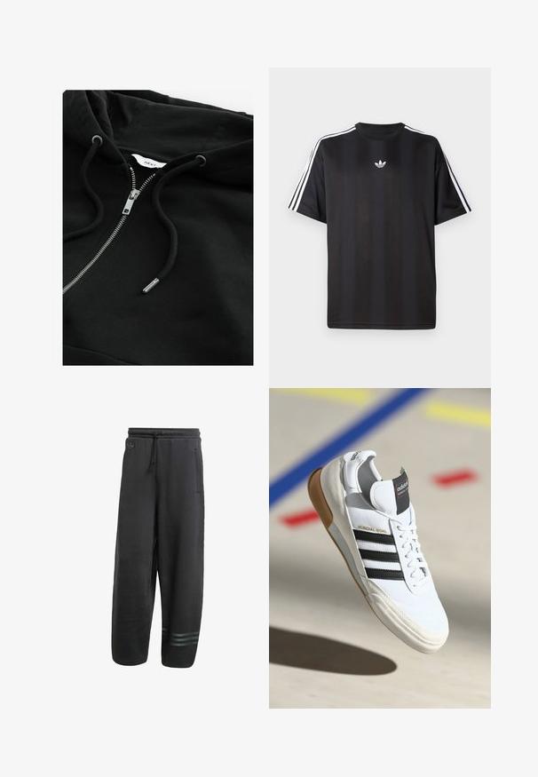 Felpa nera con zip e cappuccio regolabile, zip metallica e tessuto testurizzato. Presenta un piccolo etichetta del marchio all'interno del collo.; Maglietta nera a maniche corte con dettagli bianchi a tre strisce sulle spalle e un piccolo logo bianco sul petto. Tessuto dalla texture liscia.; Pantaloni della tuta neri con una vestibilità rilassata, vita elastica, cordoncino, tasche laterali e tre sottili righe orizzontali alla caviglia.; Sneaker Adidas Mundial Goal bianca con strisce nere e suola in gomma, mostrata in volo sopra un pavimento di un campo sportivo con linee colorate.