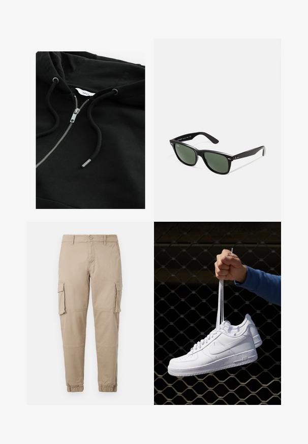 Felpa nera con zip e cappuccio regolabile, zip metallica e tessuto testurizzato. Presenta un piccolo etichetta del marchio all'interno del collo.; Canotta bianca in cotone con scollatura rotonda, spalline larghe e orlo dritto, caratterizzata da una superficie liscia e senza motivi visibili.; Pantaloni cargo beige in un leggero cotone. Presentano polsini elasticizzati, molteplici tasche laterali e una chiusura con bottone.; Sneakers in pelle bianca con perforazioni, punta rotonda, suola piatta e lacci spessi, con logo swoosh visibile e "AIR" sul tallone.; Occhiali da sole in plastica nera con lenti verdi, montatura quadrata, dettaglio argento sulla parte superiore e steli con texture. Marchio indicato sulla parte interna dello stelo.