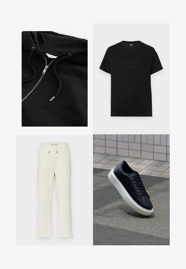 Svart zip-up hoodie med dragsko i huva, metallblixtlås och strukturerad tyg. Har en liten varumärkesetikett inuti halsringningen.; Svart bomulls t-shirt med korta ärmar och rund halsringning. Har "ORIGINALS Studio" präglat i tonade bokstäver på framsidan.; Krämfärgade ribbade sweatpants med dragsko i midjan, som har två sidofickor och en rak bendesign.; Svart lädersneaker med rundad tå och vit gummisula. Har platta snören och minimal sömnad på ovansidan. Texturerad sula för grepp.