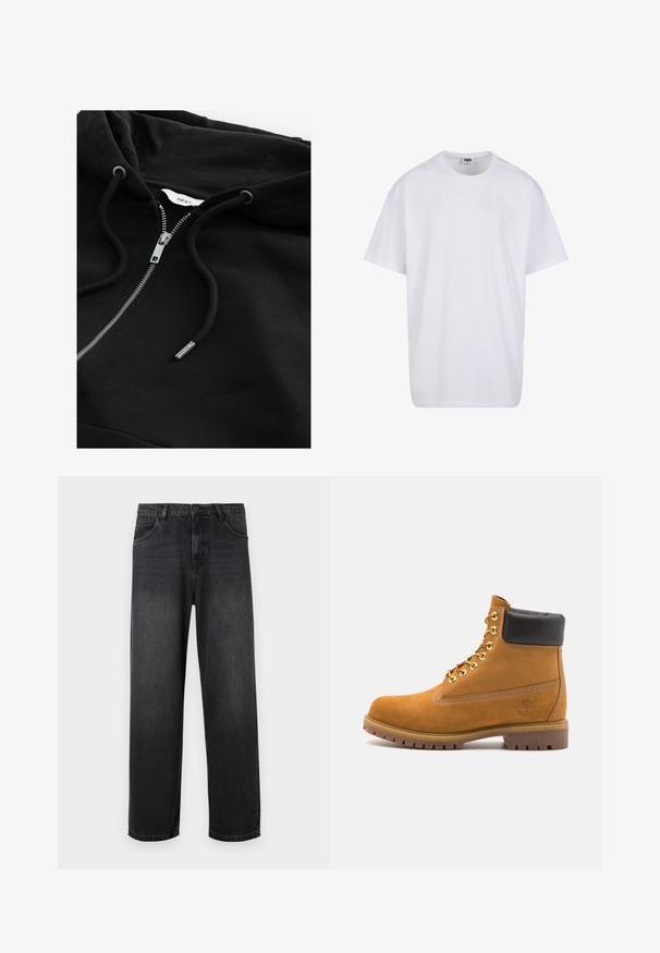 Sort zip-up hoodie med snortræk i hætten, metallisk lynlås og struktureret stof. Har et lille brandetiket inde i halsudskæringen.; Hvid bomulds t-shirt med korte ærmer, rund halsudskæring, afslappet pasform, og ingen synlige logoer eller mønstre. Glat tekstur og minimalistisk design.; Mørkegrå denim jeans med lige ben, der har lynlås i gylpen, fem lommer og diskrete falmende detaljer på stoffet.; Tan nubuck ankelstøvle med sort polstret krave, gyldne metaløjer, hvid syning detaljer og robust gummisål med udtalte slidbaner.
