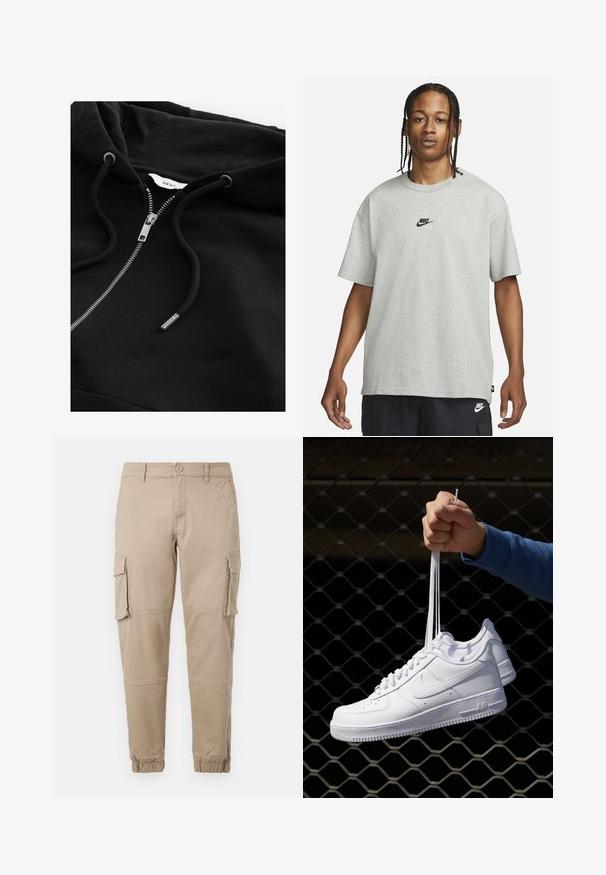 Černá mikina na zip s kapucí na šňůrku, metalickým zipem a texturovanou tkaninou. Obsahuje malou značkovou nášivku uvnitř výstřihu.; Mladý člověk s pletenými vlasy, oblečený v světle šedém tričku Nike a černých šortkách Nike, na čistém bílém pozadí.; Béžové cargo kalhoty z lehkého bavlněného materiálu. Mají elastické manžety, více bočních kapes a zapínání na knoflík.; Bílé kožené tenisky s perforacemi, kulatou špičkou, plochou podrážkou a silnými tkaničkami, které mají viditelné logo swoosh a nápis "AIR" na patě.