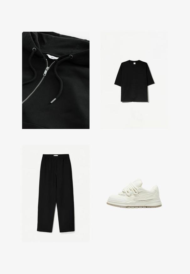 Zwarte zip-up hoodie met een trekkoordcapuchon, metallic rits en gestructureerde stof. Bevat een klein merklabel aan de binnenkant van de halslijn.; Zwart T-shirt met korte mouwen en een ronde hals, gemaakt van zachte stof, met een losse, boxy pasvorm en een minimalistisch ontwerp.; Zwarte, wijde broek van een lichtgewicht stof. Voorzien van een elastische tailleband en een soepele textuur. Geen zichtbare patronen of hardware.; Witte sneaker met een gestructureerd oppervlak en opvallende veters. Heeft een dikke, gelaagde zool en subtiele ontwerpelementen aan de zijkanten.