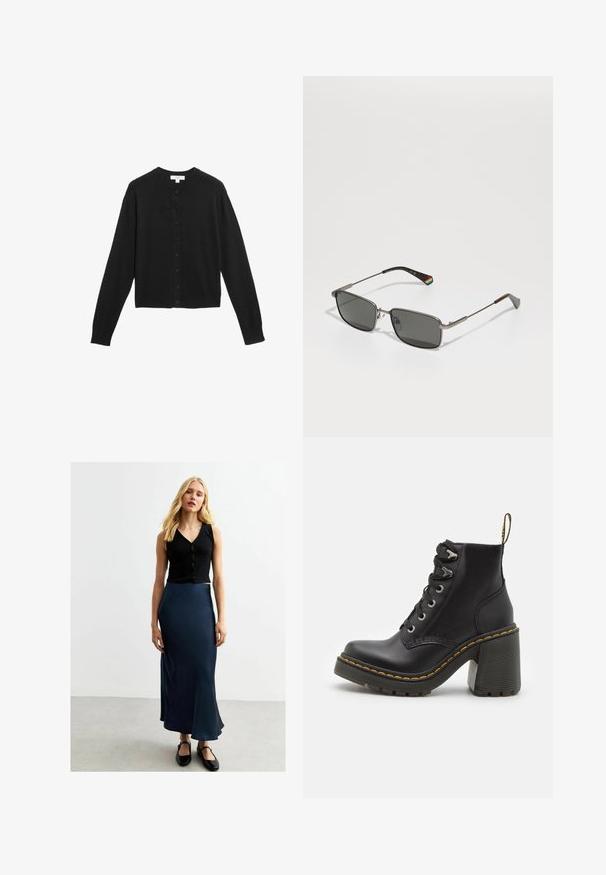Svart kofta i mjukt tyg, med rund halsringning, hela ärmar och knäppning framtill med matchande svarta knappar.; Vit t-shirt med kort ärm tillverkad av mjukt tyg, med rundad halsringning och uppvikta ärmslut, med en etikett synlig på baksidan.; Svart ribbade knäpp-up kort topp och en marinblå satin maxi kjol. Kjolen har en slät lyster och en utsvängd nederdel, i kombination med svarta platta skor.; Svart läderankelboot med en kraftig hög klack, snörning framtill, metalldetaljer och gula sömmar längs sulan. Texturerad gummisula.; Polaroid UNISEX - Solglasögon - matte black; Svart quiltad läderhandväska med gyllene kedjestropp och logodetalj. Rektangulär form, slät textur, med ett lock stängning.