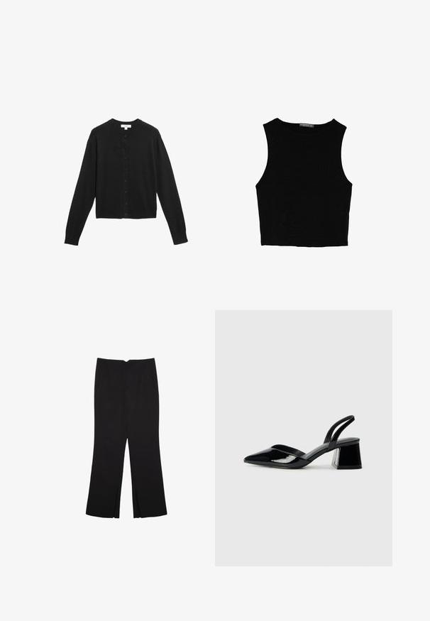 Cardigan noir en tissu doux, avec un col rond, des manches longues et une fermeture à boutons à l'avant avec des boutons noirs assortis.; Top court sans manches noir en tissu lisse, avec un col rond et un design épuré, simple, sans motifs ni accessoires.; Pantalon noir avec une coupe droite, doté de poches avant et d'éclairs sur l'ourlet. Fabriqué en tissu doux et lisse. Convient à diverses occasions.; Escarpins en cuir verni noir avec bout pointu et talon bloc géométrique. Présente un design élégant et minimaliste ainsi qu'une texture lisse.