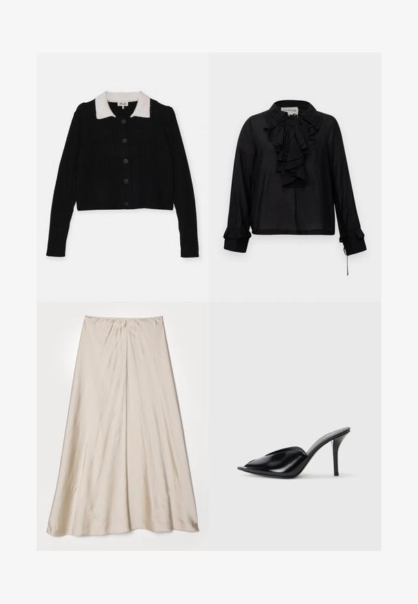 Sort ribbet cardigan med hvid krave, der har seks sorte knapper og lange ærmer; blød tekstur, cropped design og enkelt mønster.; Sort langærmet bluse med flæsefront, bindebånd ved halsen og flæsekanter, præsenteret mod en hvid baggrund.; Beige satin nederdel med en udvidet silhuet. Har en rynket talje og en subtil glans, med skrå sømme og en let drapering.; Sorte læder højhælede mules med åbent tådesign, spidse former, glat tekstur og en slank stiletto hæl.