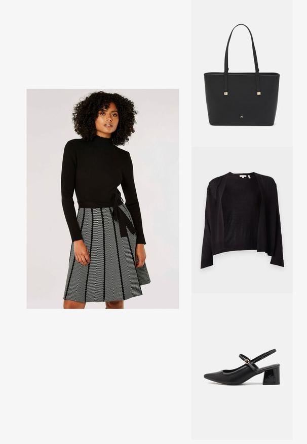 Black cardigan with a relaxed fit, open front, long sleeves, and ribbed hem. Made of lightweight knit material. No fastenings.; Black ribbed long-sleeve top paired with a black-and-white chevron patterned skirt, featuring a tied waist. Flared silhouette, smooth texture.; Black patent leather slingback heels with a pointed toe, a rounded cutout design, and a block heel. Features a gold-tone buckle accent.; Black tote bag made of synthetic material, featuring simple rectangular design, gold square accents, and double handles.