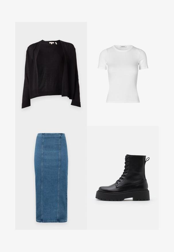 Sort cardigan med afslappet pasform, åben front, lange ærmer og ribbet kant. Lavet af let strikket materiale. Ingen lukninger.; Hvid kortærmet t-shirt lavet af ribbet bomuldsstof. Tætsiddende design med rund hals og en glat tekstur. Ingen mønstre eller udsmykninger.; Blå denim blyantskørt med lodrette sømme og høj talje, der går til under knæet, vist på en hvid baggrund.; Sorte læder ankelstøvler med rund tå, snørebånd foran og en tyk gummisål med struktureret slidbane. Hæfteløkke bagpå.