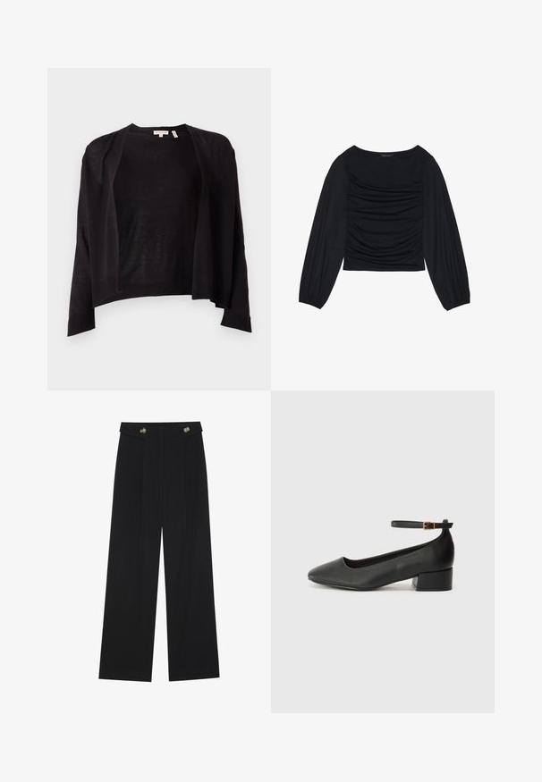 Cardigan nero con vestibilità comoda, apertura frontale, maniche lunghe e orlo a coste. Realizzato in materiale a maglia leggero. Senza chiusure.; Top nero a maniche lunghe con dettaglio di tessuto arricciato sul davanti e ai polsi, realizzato in materiale morbido ed elasticizzato con scollatura a barca.; Pantaloni neri a gamba larga con vita alta, dettagli con bottoni in vita e pieghe frontali.; Pump in pelle nera con punta affusolata e tacco basso a blocco. Presenta una cinghia alla caviglia con una fibbia in tonalità oro. Texture liscia.