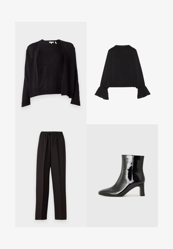 Cardigan noir à coupe décontractée, devant ouvert, manches longues et ourlet côtelé. Fabriqué en maille légère. Sans fermetures.; Top noir à manches longues avec des poignets évasés, texture douce et coupe décontractée, doté d'un col rond simple.; Pantalons larges noirs avec une taille élastique et un cordon de serrage ajustable. Fabriqués en un tissu léger et lisse sans motifs visibles.; Bottines en cuir verni noir avec un bout pointu et un talon block de hauteur moyenne. Texture lisse et design minimaliste.