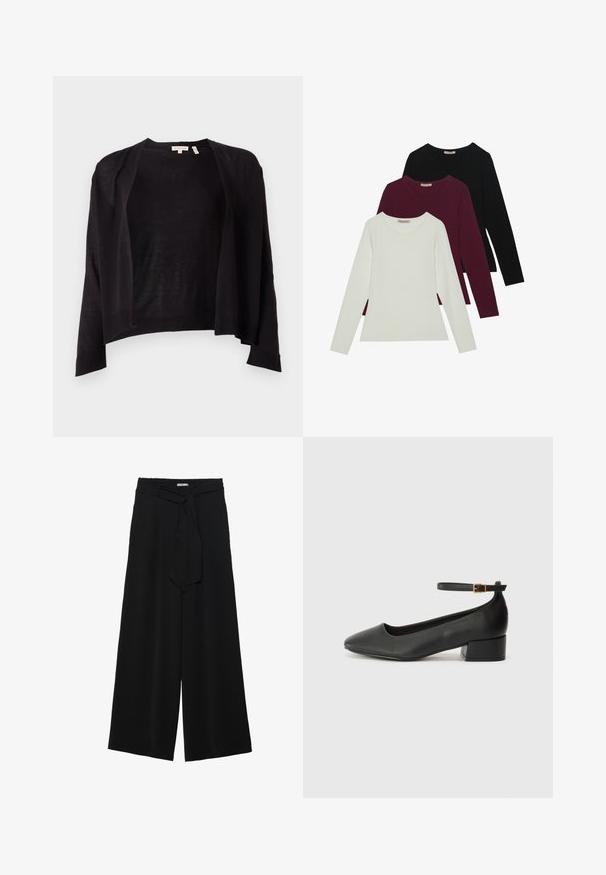 Melna džemperis ar brīvu piegriezumu, atvērta priekša, garām piedurknēm un ribotām malām. Izgatavots no viegla adīta materiāla. Bez aizdariem.; Garās piedurknes T-krekli baltā, bordo un melnā krāsā. Izgatavoti no mīkstas auduma ar apaļu kakla izgriezumu un pieguļošu dizainu. Piemēroti kā slāņošana.; Melni platleņķa bikses ar teksturētu audumu, elastīgu jostu un noņemamu siksnu viduklī, kas nodrošina regulējamu piegulšanu.; Melnas ādas sūkņi ar smailu purngalu un zemu bloku papēdi. Iezīmēts ar potītes siksniņu ar zelta krāsas sprādzi. Gluda tekstūra.