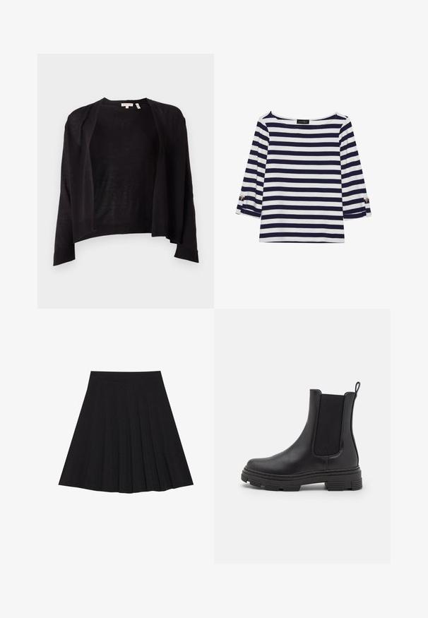 Zwarte cardigan met een relaxte pasvorm, open voorkant, lange mouwen en geribbelde zoom. Gemaakt van lichtgewicht breimateriaal. Geen sluitingen.; Marineblauw en witte gestreepte longsleeve top met een bootnek en gouden knoopaccenten op de opgerolde mouwen. Zachte stof, relaxte pasvorm.; Zwarte plisseerok van een gestructureerde stof met een aansluitende tailleband. Valt tot op de knie en heeft een gladde, strakke silhouette.; Zwarte leren enkellaars met elastische zijpanelen, ronde neus en een gestructureerde rubberen zool. Voorzien van een lus aan de achterkant voor gemakkelijk aan- en uittrekken.