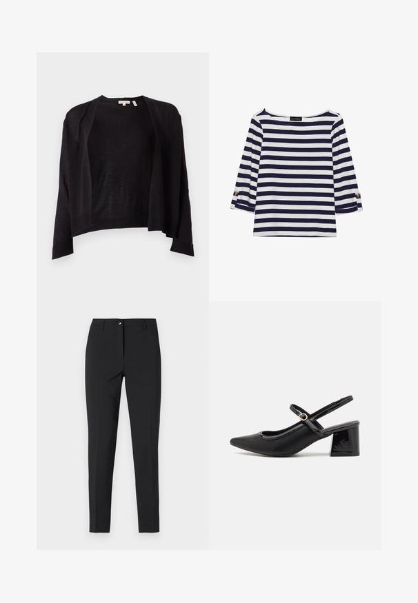 Cardigan noir à coupe décontractée, devant ouvert, manches longues et ourlet côtelé. Fabriqué en maille légère. Sans fermetures.; Haut rayé bleu marine et blanc à manches longues avec un col bateau et des accents de boutons dorés sur les manches retroussées. Tissu doux, coupe décontractée.; Pantalons noirs ajustés en tissu lisse, avec une taille classique, une fermeture éclair sur le devant et des poches latérales au design élégant et sur mesure.; Escarpins slingback en cuir verni noir avec un embout pointu, un design à découpes arrondies et un talon carré. Présente un accent de boucle en ton doré.
