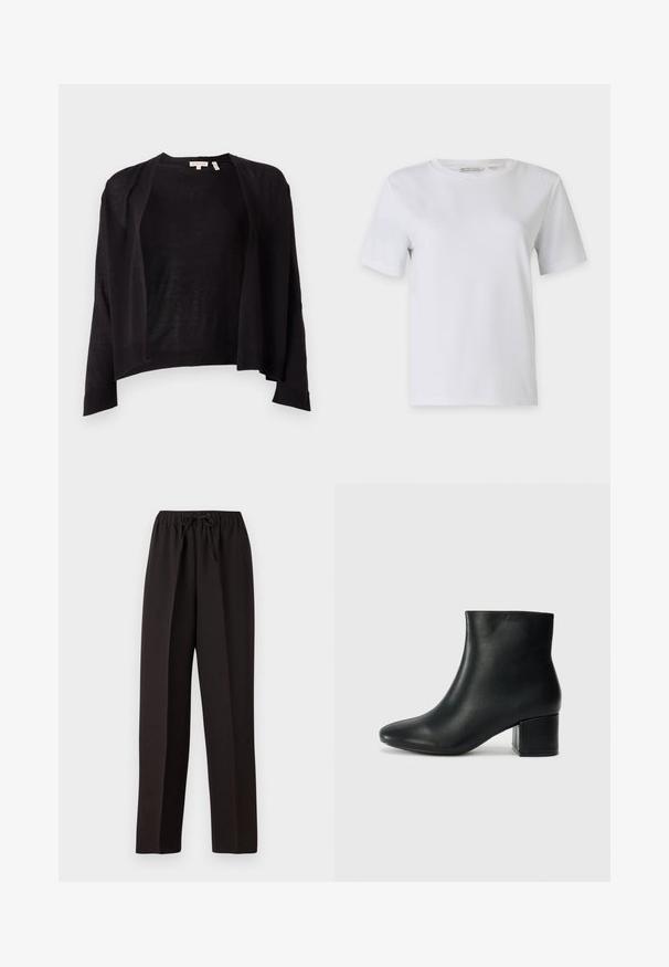 Crni kardigan s opuštenim krojem, otvorenim prednjim dijelom, dugim rukavima i rebrastim rubom. Izrađen od laganog pletenog materijala. Bez kopčanja.; Bijela kratka majica s kratkim rukavima od glatkog pamuka. Ima okrugli izrez i ravni rub, bez uzoraka ili ukrasa.; Crne, široke hlače s elastičnom trakom u struku i podesivom vezicom. Napravljen od glatkog, laganog materijala bez vidljivih uzoraka.; Crne kožne čizme do članaka s uskim vrhom i debelim potplatom. Glatka tekstura s minimalnim detaljima i elegantan, prilagođen dizajn.