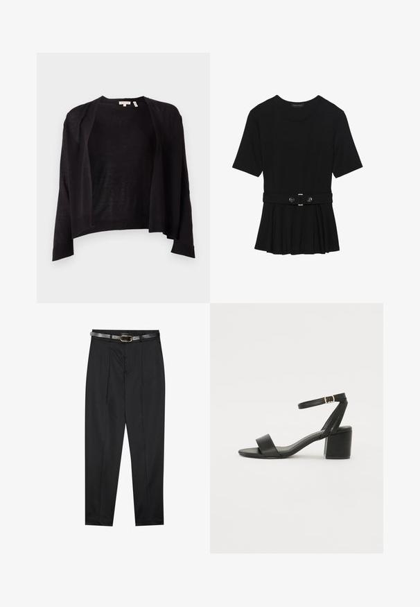 Černý kardigan s uvolněným střihem, otevřeným předním dílem, dlouhými rukávy a žebrovaným lemem. Vyrobeno z lehkého pleteného materiálu. Bez zapínání.; Černé krátké tričko vyrobené z hladkého materiálu, s peplum designem a opaskem v pase, ozdobené dvěma kulatými, stříbrnými knoflíky.; Černé kalhoty z hladkého materiálu, s přiléhavým pasem a texturovaným šedým páskem se zlatou sponou. Mírně zúžené nohavice.; Černé sandály na vysokém podpatku s hladkým koženým svrškem, otevřenou špičkou, širokými předními pásky a nastavitelným páskem kolem kotníku se zlatou přezkou.