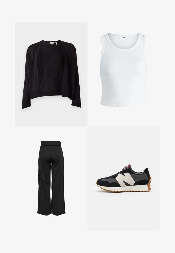 Černý kardigan s uvolněným střihem, otevřeným předním dílem, dlouhými rukávy a žebrovaným lemem. Vyrobeno z lehkého pleteného materiálu. Bez zapínání.; Bílý žebrovaný top na ramínka se kulatým výstřihem, bez rukávů a zkrácenou délkou. Název značky je "JJXX." Hladká struktura látky.; Černé široké kalhoty s elastickým pasem, vyrobené z hladkého materiálu. Disponují čistým designem bez kapes nebo viditelných švů.; Černé a šedé semišové tenisky s velkým krémovým logem "N", fialovými tkaničkami a strukturovanou gumovou podrážkou.