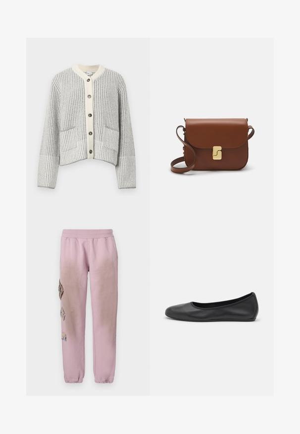 Wool-blend cardigan in gray and cream, featuring vertical ribbing, a herringbone collar, six dark buttons, and two front pockets.; Long-sleeve white T-shirt made of ribbed cotton, featuring a round neckline and a straight hem. Simple design with no patterns or accents.; Pink sweatpants with an elastic waistband, featuring decorative patches in diamond shapes on the left side and elastic cuffs at the ankles.; Black leather ballet flat with a rounded toe, smooth texture, minimal stitching detail, and a flexible sole design.; Brown leather handbag with a flap closure, gold-tone hardware, a shoulder strap, and a smooth texture. Compact rectangular shape.