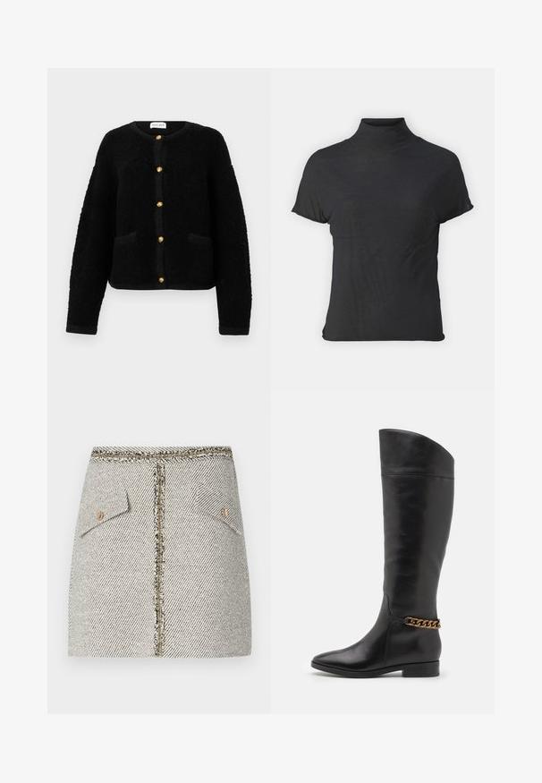 Malina CARLY - Kardigan - black; Černý krátký rukáv turtleneck vyrobený z lehkého materiálu s hladkou texturou a přiléhavým střihem, s vysokým výstřihem.; Tkaná tweedová sukně v bílé a černé barvě s vzorem rybí kost, má dvě přední kapsy a zlatý zip na zadní straně s třásněmi.; Vysoké černé kožené boty s elegantním designem, špičatou špičkou a zlatým řetízkem na kotníku. Nízký blokový podpatek. Hladká textura.