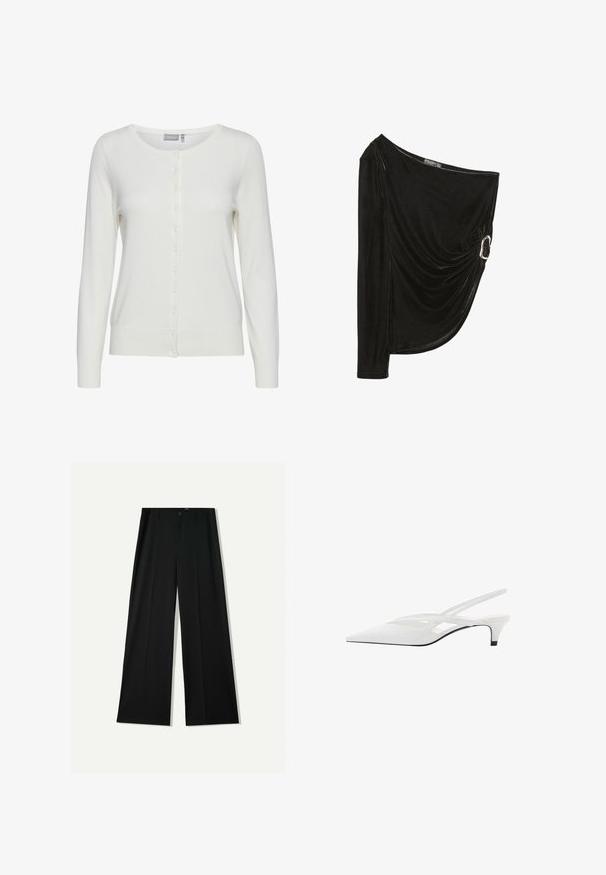 Bela jopica s dolgimi rokavi, okroglim izrezom in gumbi spredaj. Ima mehek material ter rebraste manšete in rob.; Črna, enoramenska majica iz mehke žameta. Ima drapirano zasnovo z srebrnim obročem na strani. Dolg rokav na eni strani.; Bershka WIDE - Hlače - black; Bela slingback peta z ošiljenim nosom, z gladkim zgornjim delom, subtilnimi izrezi in nizkim blok petkom. Črna podplat poudarja dizajn.