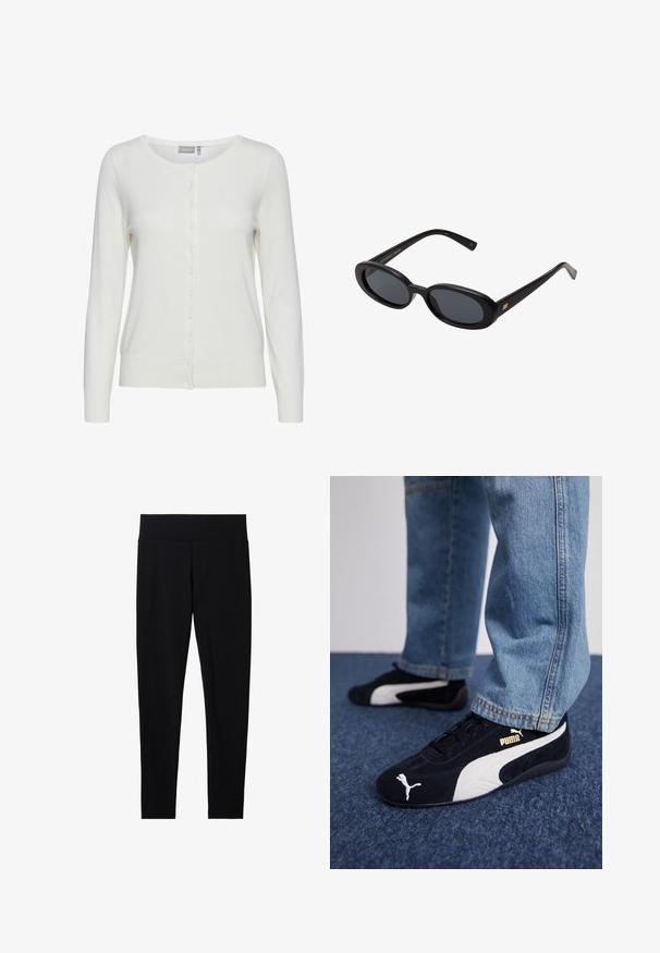 Bílý cardigan s dlouhými rukávy, kulatým výstřihem a zapínáním na knoflíky. Má měkkou texturu a žebrované manžety a lem.; Dvě dlouhé rolákové topy, jeden bílý a jeden černý, vyrobené z hladkého, elastického materiálu, oba s přiléhavým střihem a vysokými límci.; Černé elastické legíny s širokým, měkkým pasem, s hladkým povrchem a přiléhavým střihem, vhodné pro různé aktivity.; Černé semišové tenisky s bílými akcenty a zlatým logem. Nosené s světle modrými jeany a položené na strukturovaném modrém povrchu.; Černé oversized sluneční brýle s oválnými čočkami, hladkým plastovým rámem a zlatými akcenty na spáncích. Tmavé čočky poskytují ochranu před sluncem.; Černá semišová kabelka s měkkým, strukturovaným tvarem, která má štíhlý kožený popruh a nenápadné logo značky. Model má na sobě džínovou bundu.