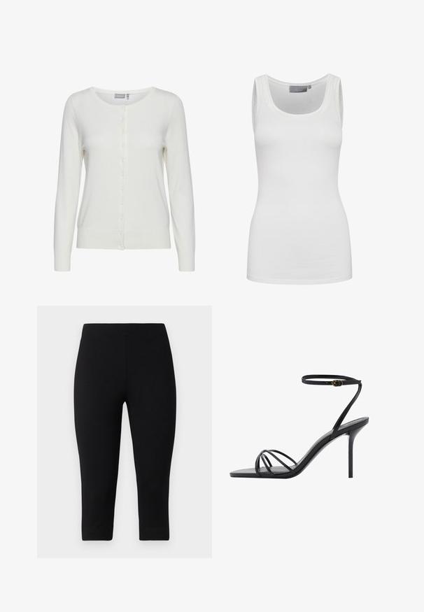 Biała kardiganka z długimi rękawami, okrągłym dekoltem i zapięciem na guziki z przodu. Posiada miękką fakturę oraz prążkowane mankiety i dół.; Biały top na ramiączkach wykonany z miękkiego, elastycznego materiału z okrągłym dekoltem i wąskimi ramiączkami. Posiada gładką fakturę i dopasowany krój.; Czarne legginsy capri wykonane z elastycznego materiału, o dopasowanym kroju i gładkiej fakturze, bez wyraźnych wzorów czy akcentów.; Czarne sandały na wysokim obcasie z cienkim paskiem wokół kostki, wieloma krzyżującymi się paskami na stopie oraz eleganckim kwadratowym noskiem.