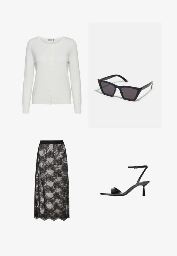 Biała kardiganka z długimi rękawami, okrągłym dekoltem i zapięciem na guziki z przodu. Posiada miękką fakturę oraz prążkowane mankiety i dół.; Czarny, prążkowany top z golfem, krótki rękaw, dopasowany krój, miękka faktura, minimalne szwy i wysoki kołnierz.; Czarna koronkowa spódnica z falbaniastym dołem, z kwiatowym wzorem i przezroczystą teksturą. Elastyczny pas zapewniający wygodę noszenia.; Bershka - Sandały na obcasie; Czarne, kanciaste okulary przeciwsłoneczne z szarymi soczewkami; wykonane z plastiku, z grubymi zausznikami o gładkiej powierzchni i bez widocznych elementów metalowych.; Czarna skórzana torebka o zaokrąglonym, wyprofilowanym kształcie, z zapięciem na zamek w kolorze złotym i pojedynczym regulowanym paskiem. Gładka faktura.