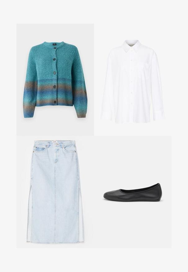 PS Paul Smith BUTTON THRU - Cardigan - blue; Hvid langærmet skjorte med krave lavet af bomuld. Har en knaplukning fortil og en enkelt brystlomme. Glat tekstur, afslappet pasform.; Lyseblå denim maxi nederdel med lige snit, der har sideslidser og fem-lomme design. Fremtrædende syninger og metalknaplukning.; Sort læderballetsko med rund tå, glat tekstur, minimal syning og et fleksibelt såldesign.