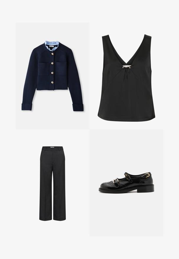 Námořnický zkrácený cardigan se dvěma předními kapsami, zlatými knoflíky a světlomodrou volánkovou obojicí. Vyrobeno z materiálu s žebrovanou strukturou.; Černý bezrukávový top s výstřihem do V, s ozdobným uzlem a stříbrnými akcenty uprostřed, vyrobený z hladkého, elegantního materiálu.; Široké kalhoty v tmavě šedé barvě, vyrobené z texturované látky. Disponují hladkým pasem a předním záhybem pro upravený vzhled.; Černé kožené boty s brogue detaily, vybavené dvěma sponami, zaoblenou špičkou a nízkým podpatkem. Hladký povrch s lesklým finišem.
