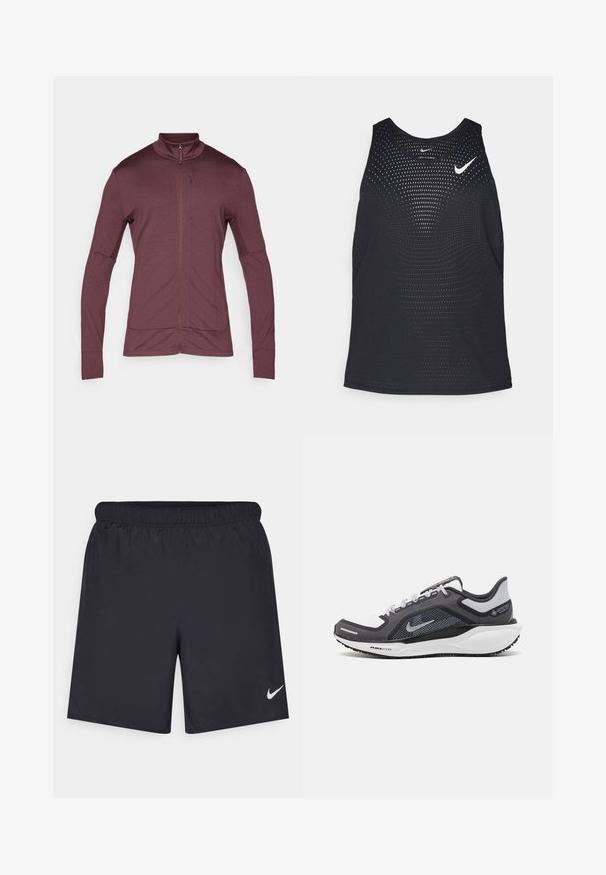 Veste zippée bordeaux avec col montant, manches longues et tissu extensible ; elle possède des poches latérales et une texture lisse.; Débardeur de sport noir avec une texture perforée et un col rond. Présente un logo Nike blanc sur la poitrine.; Shorts de sport noirs en matériau léger avec une taille élastique. Présente un petit logo Nike blanc sur le bas du côté gauche.; Baskets de sport noires et grises avec un empeigne en maille, des accents réfléchissants et un intermédiaire blanc. Comprend une semelle extérieure en caoutchouc texturé et des lacets.