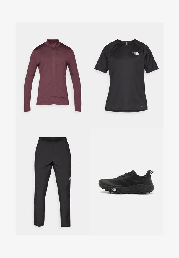 Bordo zip-up jakna z dvignjenim ovratnikom, dolgimi rokavi in elastičnim materialom; vključuje stranske žepe in gladko teksturo.; Črna kratko rokavna športna majica iz teksturirane tkanine, z belim logotipom na levem prsnem delu in ravnim robom.; Črne športne hlače z elastičnim pasom, izdelane iz lahkega materiala, s majhnim logotipom na spodnjem delu noge in ravnim krojem.; Črne tekaške čevlje za trail s teksturirano zgornjega dela, gumijastim podplatom in ojačanim zaključkom prstov. Vključuje oblazinjen ovratnik in zanko za enostavno obuvanje.