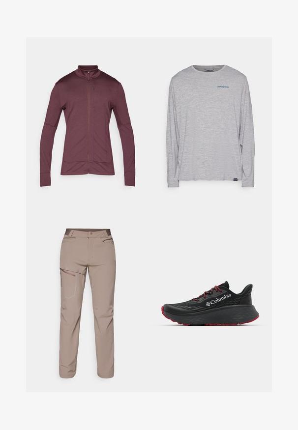 Veste zippée bordeaux avec col montant, manches longues et tissu extensible ; elle possède des poches latérales et une texture lisse.; T-shirt à manches longues gris clair en tissu doux et texturé. Il présente un col rond et un petit logo Patagonia bleu sur la poitrine.; Salomon WAYFARER PANTS - Pantalons outdoor - iron; Chaussure de sport noire avec tige texturée, lacets rouges et logo. Semelle épaisse avec motif de la semelle pour une meilleure adhérence. Design minimaliste, vue de côté.