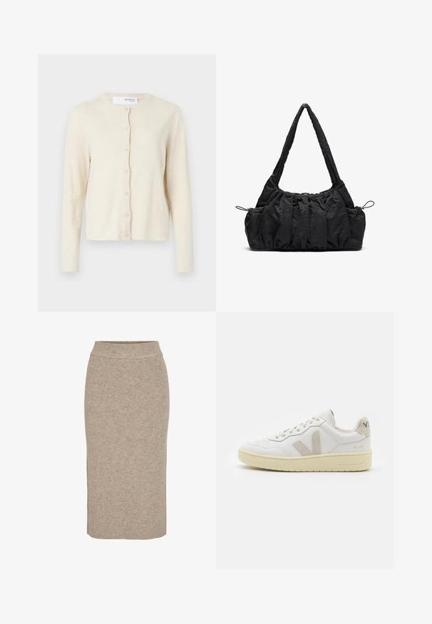 Krēmveida džemperis ar garām piedurknēm, apaļu kakla izgriezumu un pogu aizdari priekšā. Izgatavots no mīksta, viegla adījuma materiāla.; Kopš topa no off-white adīšanas materiāla. Garas piedurknes ar ribu tekstūru un maziem izgriezumiem ap kaklu.; Trikotāžas zīmuļsvārki gaismas bēšā krāsā, ar ribotu tekstūru, augsto jostasvietu un šaura piegriezuma siluetu. Apmale krīt zem ceļgala.; Baltas ādas sporta apavu pāris ar bēšiem zamša akcentiem, caurumiņu purngalā, plakanu šņorēšanu un teksturētu krēmkrāsas zoli. Iezīmējas ar diskrētu zīmolu uz papēža.; Melnas auduma rokassoma ar sakrautu tekstūru, divām plecu siksnām un nostiprināšanas auklām sānos. Gluds, viegls materiāls.