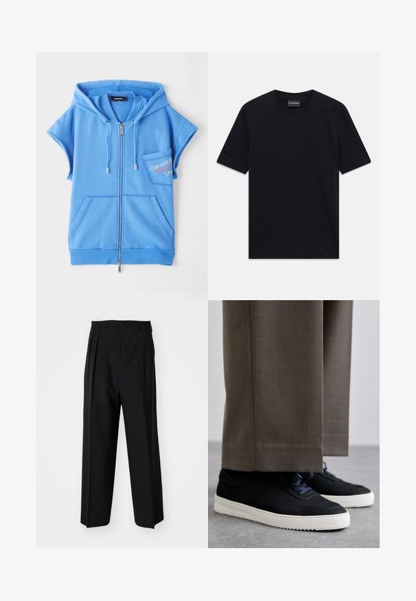 Modrý zipsový sveter bez rukávov vyrobený z jemnej látky, s predným vreckom, krátkymi rukávmi a vyšívaným textom na hrudníku.; Čierne tričko s krátkym rukávom a okrúhlym výstrihom so subtílnym embosovaným vzorom a značkovou nášivkou vo vnútri goliera, položené na bielom pozadí.; Čierne skladané nohavice s rovnom, širokým strihom. Vyrobené z hladkého materiálu, s gombíkovým zapínaním a pútkami na opasok.; Čierne semišové tenisky s bielymi gumovými podrážkami, s okrúhlym prstom a šnúrkami, nosené s šedými vypracovanými nohavicami.