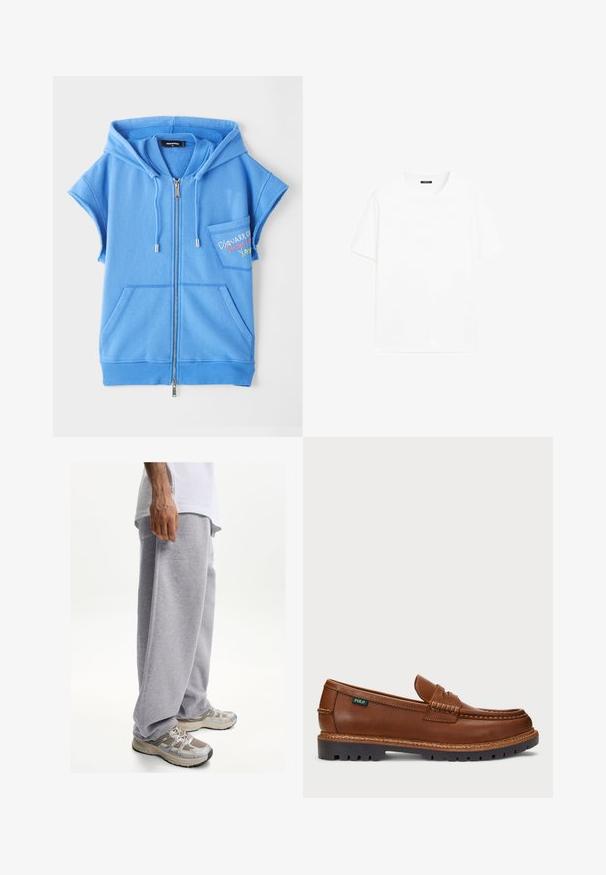 Modrá zipová mikina bez rukávů vyrobená z měkké látky, s přední kapsou, krátkými rukávy a vyšitým textem na prsou.; Bílá bavlněná tričko s krátkými rukávy, kulatým výstřihem a rovný střih. Hladká textura bez viditelných vzorů nebo akcentů.; Šedé tepláky vyrobené z měkkého materiálu, s volným střihem a elastickým páskem. Doplněné o béžové a šedé sportovní tenisky.; Hnědé kožené mokasíny s dekorativním prošíváním a texturovanou špičkou. Podešev má robustní design, který poskytuje trakci a odolnost.