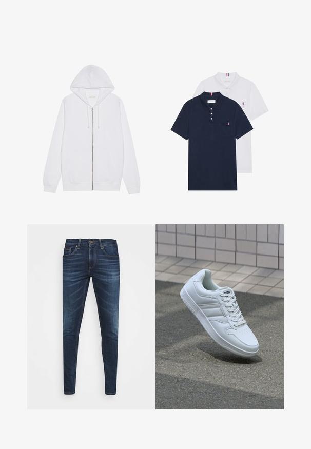 White zip-up hoodie made of cotton blend fabric. Features front pockets, drawstring hood, and ribbed cuffs and hem. Smooth texture.; Two polo shirts: one navy blue and one white, both with a small red, white, and blue accent on the chest pocket and collar.; Dark blue denim jeans with a slim fit, subtle fade, five pockets, and a metal button closure. Stitched accents in contrasting color.; White athletic sneaker with smooth leather upper, lace-up front, perforated toe, and patterned sole. Minimalist design with three side stripes.