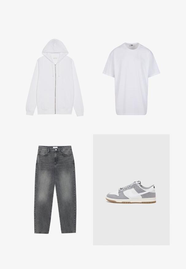 Weiße Zip-Hoodie aus Baumwollmischgewebe. Verfügt über Fronttaschen, Kapuze mit Kordelzug und gerippte Bündchen sowie Saum. Glatte Textur.; Weiße Baumwoll-T-Shirt mit kurzen Ärmeln, rundem Ausschnitt, lockerer Passform und ohne sichtbare Logos oder Muster. Glatte Textur und minimalistisches Design.; Hoch taillierte, locker sitzende Jeans aus verwaschenem schwarzem Denim. Verfügt über fünf Taschen, Gürtelschlaufen und ein sauberes, gerades Bein-Design.; Graue und weiße Sneaker mit einem Obermaterial aus Wildleder und Leder, abgerundeter Spitze, flachen Schnürsenkeln und einer Gummisohle mit einem Kautschukakzent.