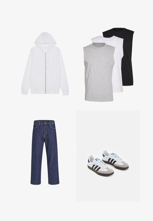 Valge tõmblukuga kapuutsiga sviiter, mis on valmistatud puuvillase segu kangast. Omab eesmist taskut, reguleeritavat kapuutsi ja soonikkoes varrukaid ning hemmi. Siledat tekstuuri.; Kolm ilma varrukat särk hallis, valges ja mustas värvios. Pehme puuvillane materjal, ümar kaelus ja mugav lõige. Lihtne disain, ilma mustriteta.; Tume sinine denimist valmistatud sirge lõikega teksad, viie tasku disain, metallnupuga sulgur ja kontrastne õmblemine, omades peent tekstuuri.; Spordijalatsid valge nahkpealsega, halli nubuk-naha otsaga ja kolme musta triibuga. Omab sinist logo keele peal ja struktureeritud kummitalda.